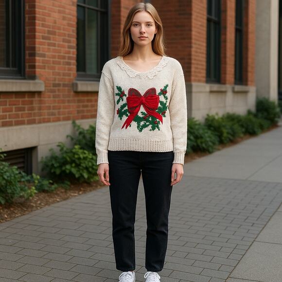 Bechamel White Hand-Knit Sweater with Lace Collar & Holiday Bow Design, Size M - Picture 1 of 11